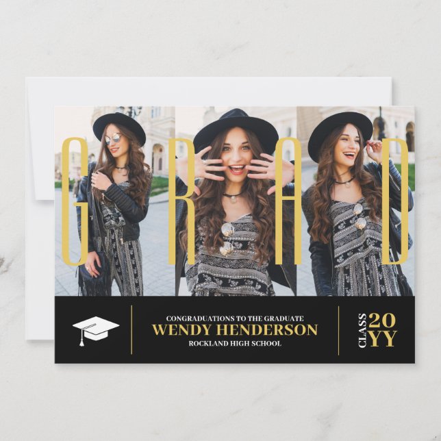 Simple Modern 3 Photo Collage Black Graduation Announcement (Front)