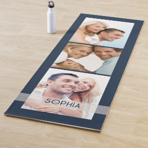 Simple Modern 3 Photo Collage Name Navy Blue Yoga Mat
