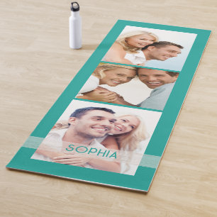 Simple Modern 3 Photo Collage Teal Personalised Yoga Mat