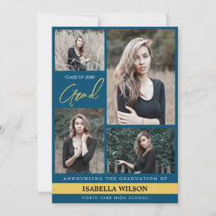 Simple Modern 4 Photo Collage Blue Graduation Announcement