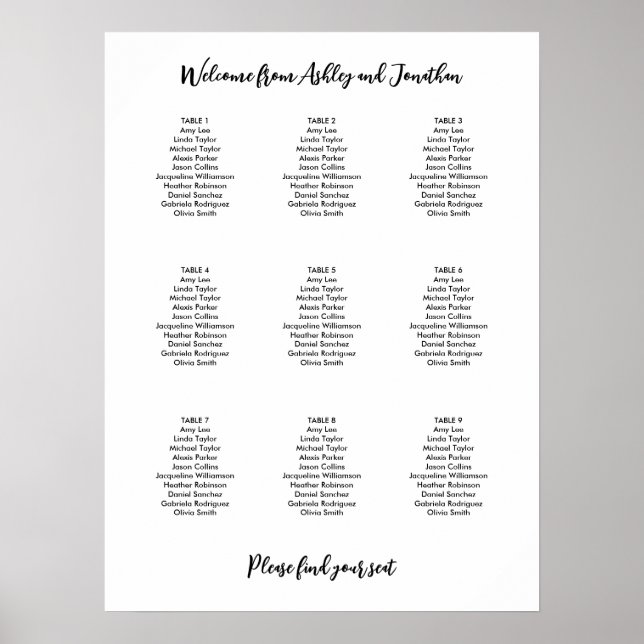 Simple Modern 9 Table Seating Chart (Front)