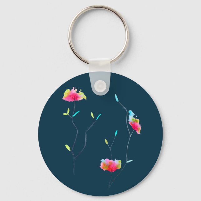 Simple modern abstract Japanese pink flower Key Ring (Front)