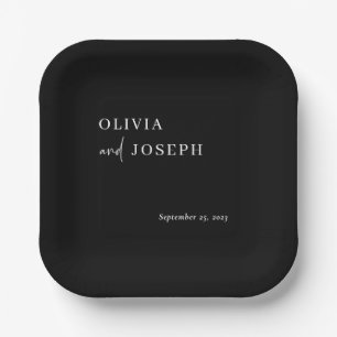 Simple Modern and Minimalist   Black Wedding Paper Plate