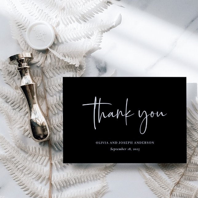 Simple Modern and Minimalist Black | Wedding Thank You Card (A dark black, minimalist wedding thank you card with modern typography)