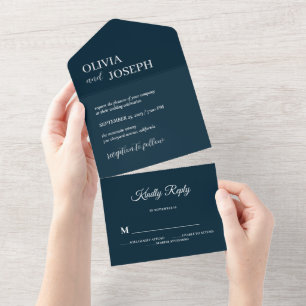 Simple Modern and Minimalist   Navy Blue Wedding  All In One Invitation