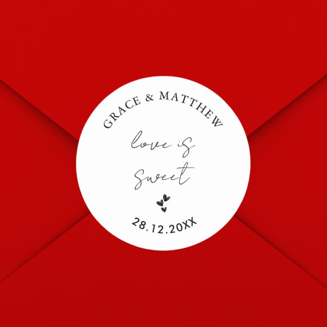 Simple Modern and Minimalist Wedding Love is Sweet Classic Round Sticker (Creator Uploaded)