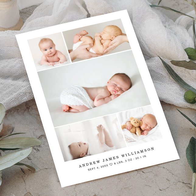 Simple Modern Baby Photo Collage Birth Stats Announcement (Creator Uploaded)