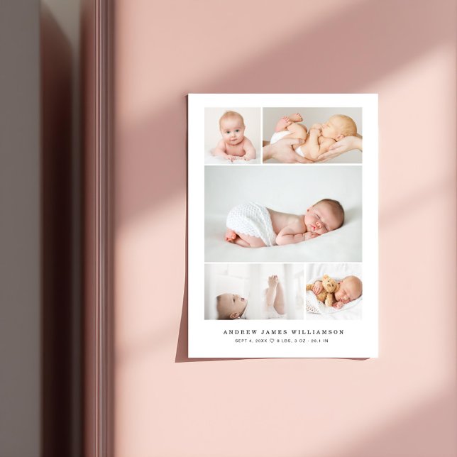Simple Modern Baby Photo Collage Birth Stats Magnetic Invitation (Simple Modern Baby Photo Collage Birth Stats Magnetic Invitation)
