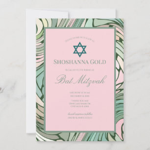 Simple Modern Bat Mitzvah Pink and Green Invitation