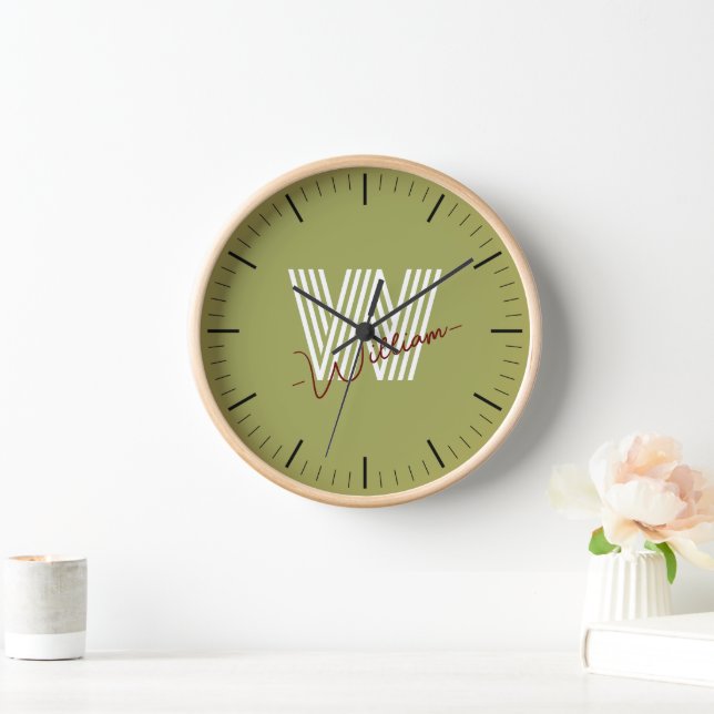 Simple modern birthday monogram olive green girly  clock (Home)