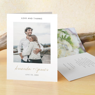 Simple Modern Black and Gold Photo Wedding Thank You Card