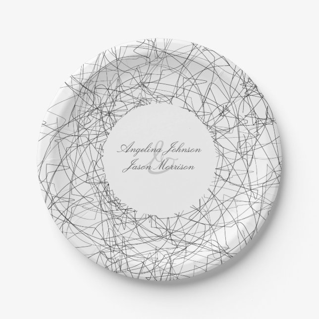 Simple Modern Black and White Artsy Wedding Paper Plate (Front)