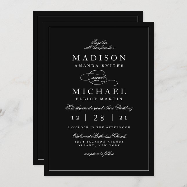 Simple Modern Black and White Wedding Invitation (Front/Back)