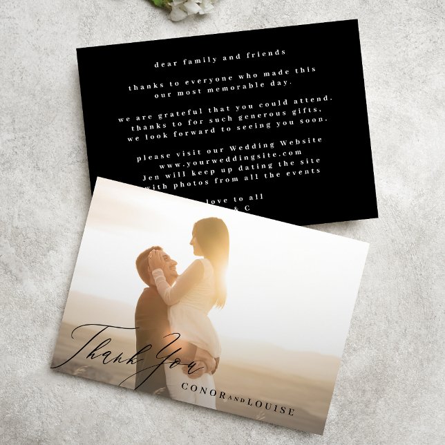 Simple Modern Black Calligraphy Wedding Photo Thank You Card (Creator Uploaded)
