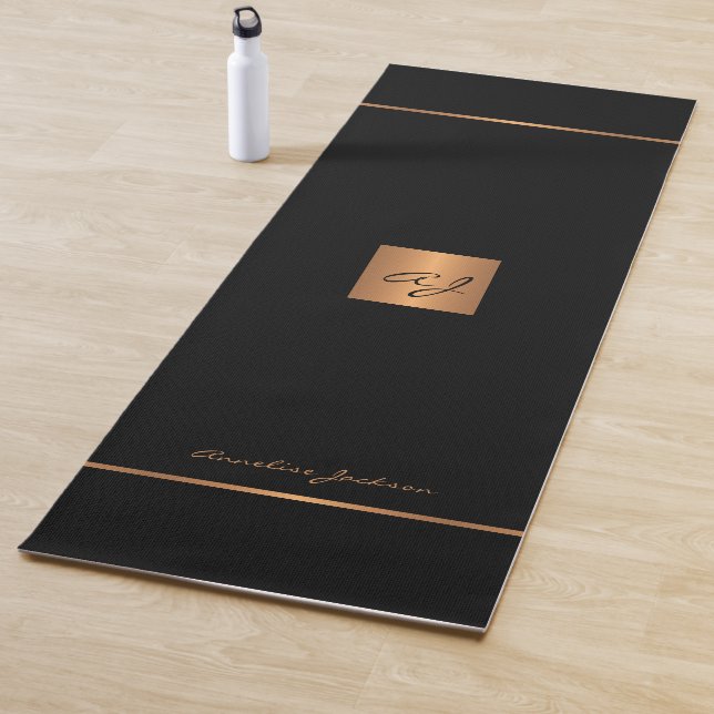 Simple modern black gold chic monogrammed stripes  yoga mat (In Situ)