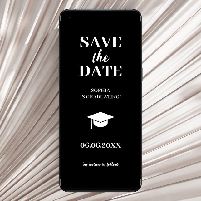 Simple Modern Black Grad Cap Graduation 2025 Save The Date (graduation save the date card simple minimalist black class of 2024)