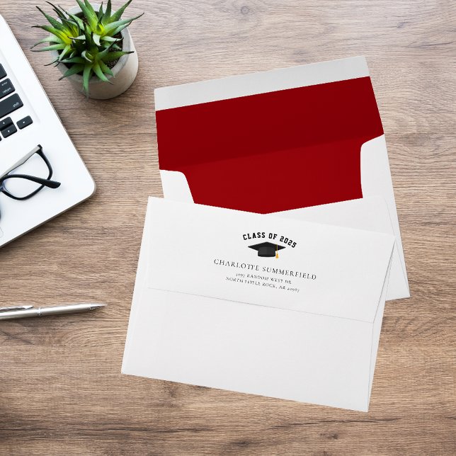 Simple Modern Black Graduation Cap 2025 Custom Envelope (Graduation 2025 Invitation Red Inside with Return Address Flap Envelope)