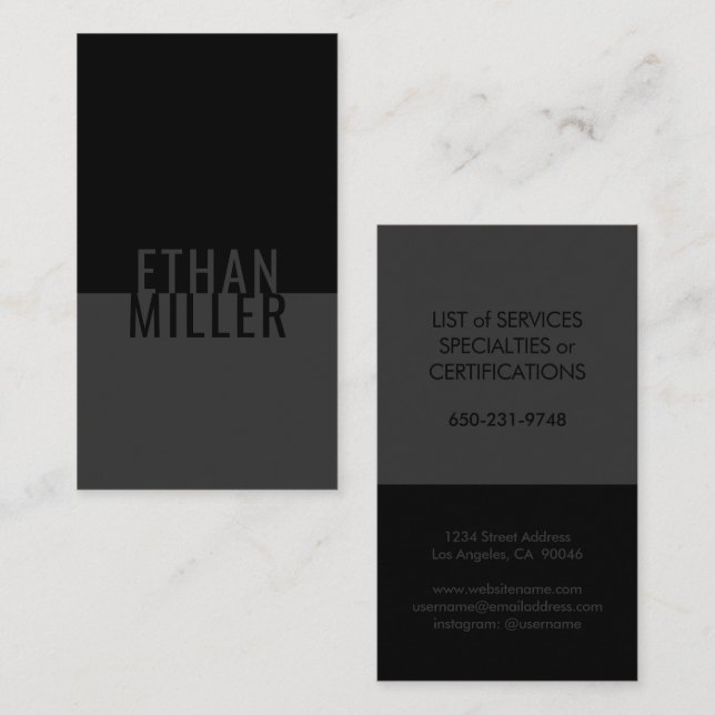 Simple Modern Black Grey Vertical Plain Minimalist Business Card (Front/Back)