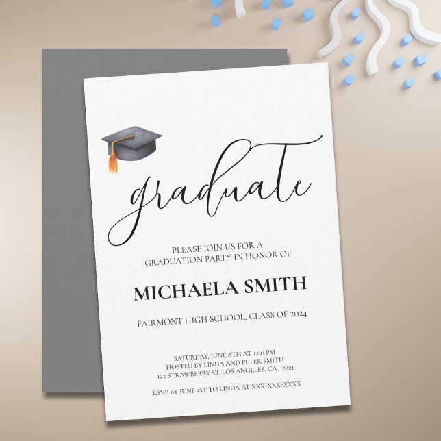 Simple Modern Black High School Graduation Party Invitation (Simple Modern Black Cap Graduation Party Invitation)