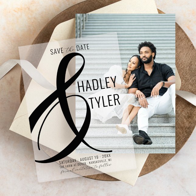 Simple Modern BLACK Overlay Wedding Save the Date Vellum Invitations (Simple elegant script black bold ampersand modern vellum overlay unique wedding save the date card)