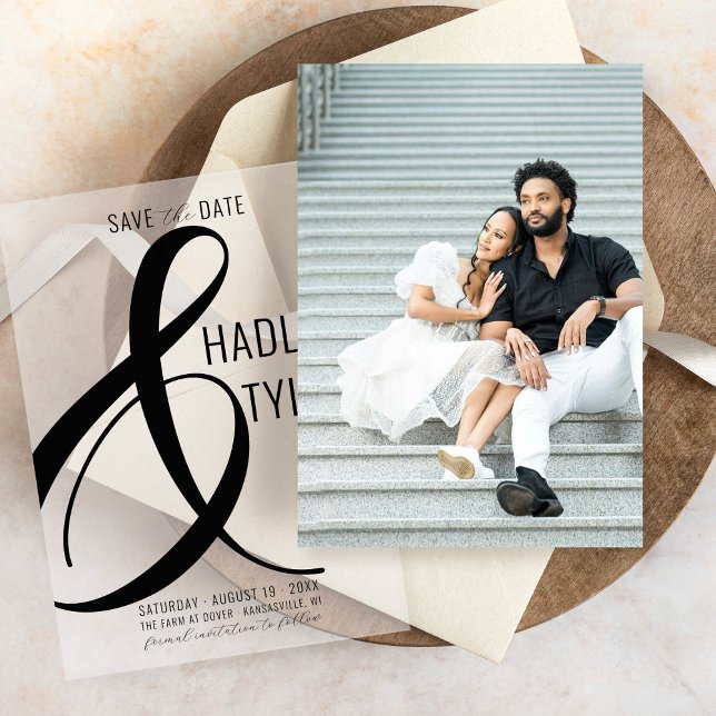 Simple Modern BLACK Photo Underlay Wedding Save The Date (Simple photo underlay card for modern bold black ampersand vellum overlay wedding save the date)