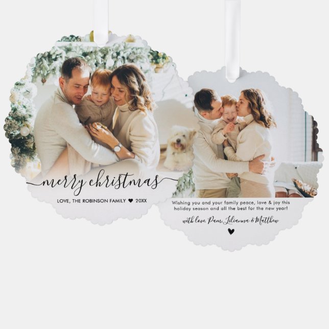 Simple Modern Black Script 2 Photo Christmas Tree Decoration Card (Front/Back)