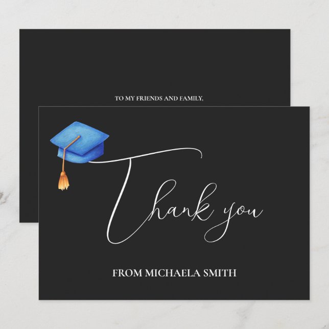 Simple Modern Black Script Graduation Message Thank You Card (Front/Back)