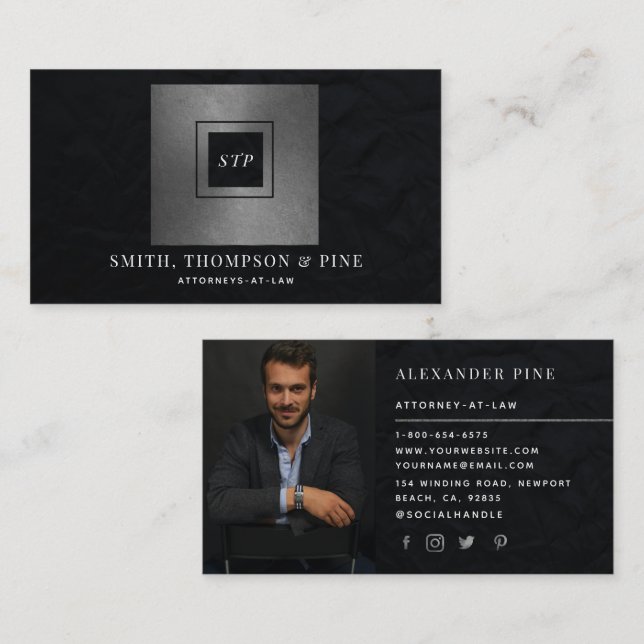 Simple Modern Black Silver Professional Photo Business Card (Front/Back)