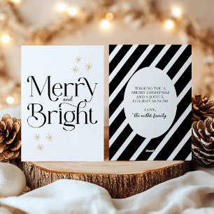Simple Modern Black Stripes Merry and Bright Holiday Card