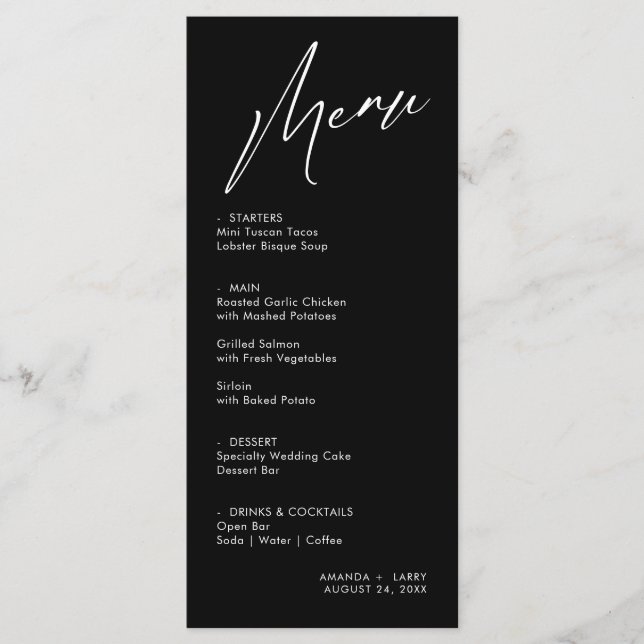 Simple & Modern Black Wedding Menu Card (Front)