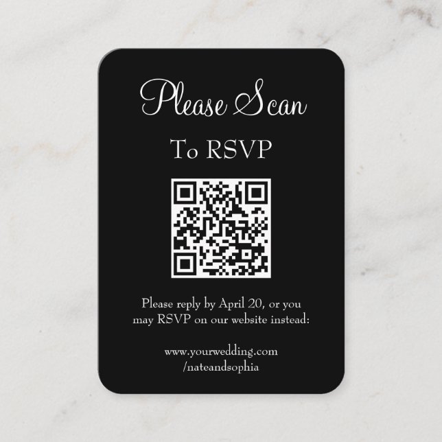 Simple Modern Black Wedding Scan QR Code Enclosure Card (Front)