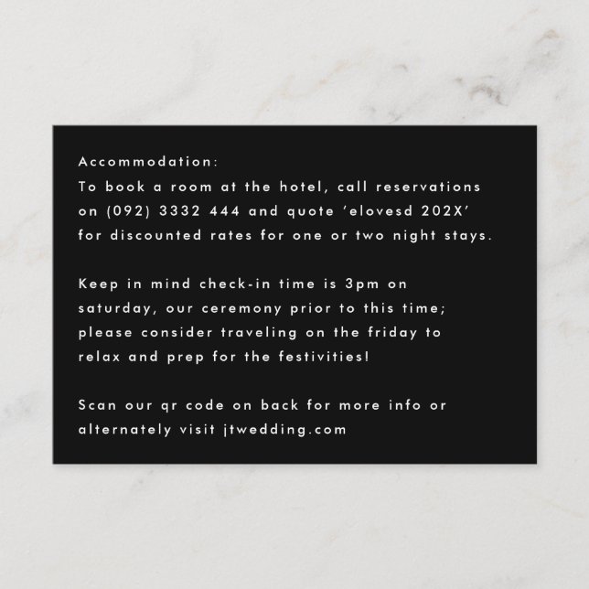 Simple Modern Black White Details Accommodation Enclosure Card (Front)