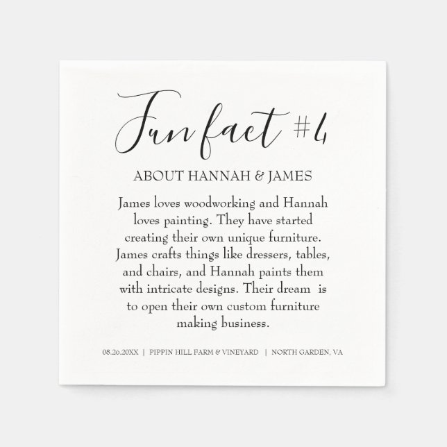 Simple Modern Black & White Fun Fact 4 Wedding Napkin (Front)