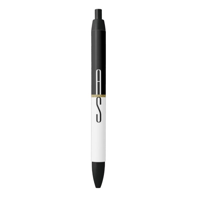 Simple Modern Black White & Gold Glitter Monogram Ink Pen (Front Vertical)