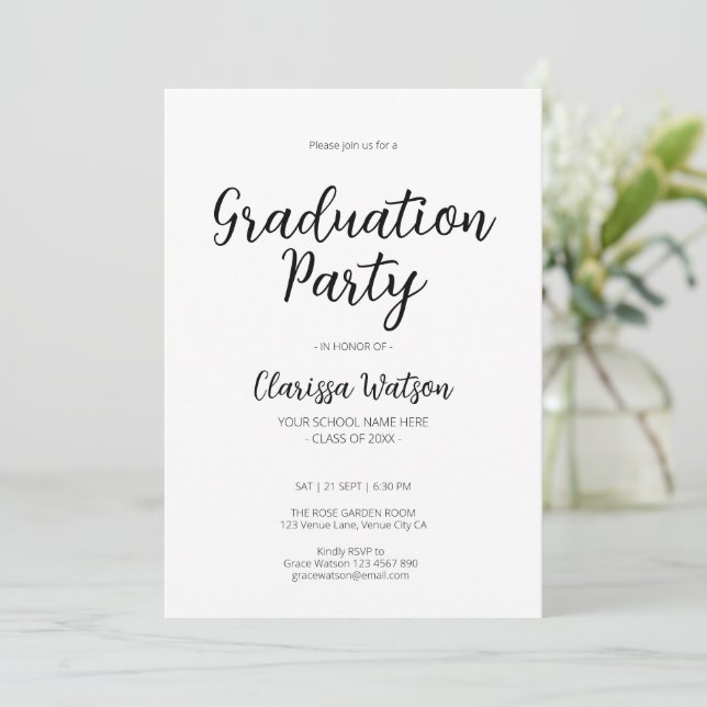 Simple Modern Black & White Graduation Party Invitation (Standing Front)