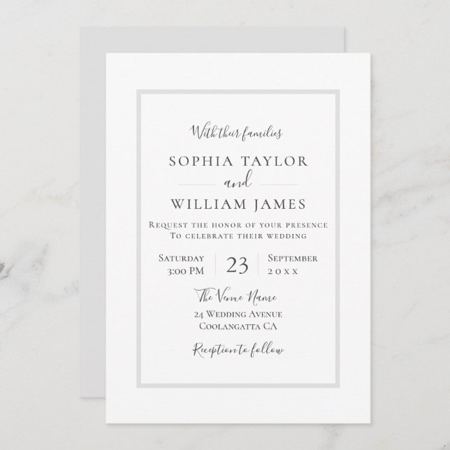 Simple Modern Black White Grey Script Wedding Invitation (Front/Back)