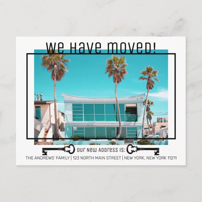 Simple Modern Black White Key Photo Moving Announcement Postcard (Front)