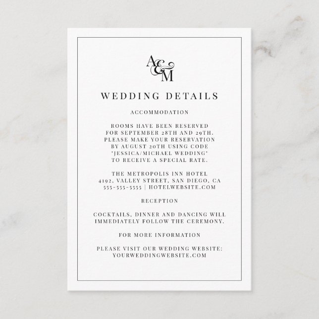 Simple Modern Black White Monogram Wedding Details Enclosure Card (Front)