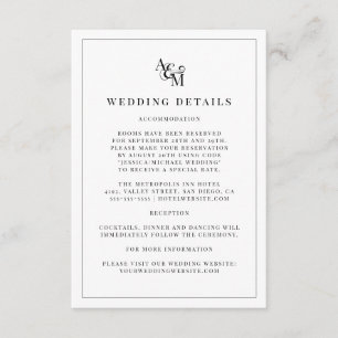 Simple Modern Black White Monogram Wedding Details Enclosure Card