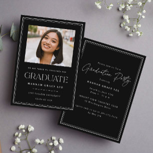 Simple Modern Black White Photo Graduation Party Invitation