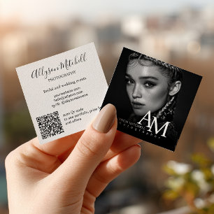 Simple Modern Black White Photo QR Photography Square Business Card