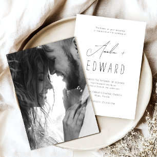 Simple Modern Black White Photo Script Wedding Invitation