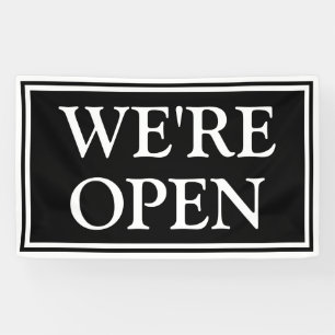 Simple Modern Black White We're Open Business Banner