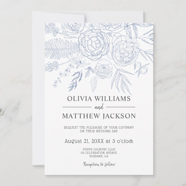 Simple Modern Blue Floral Wedding Invitation (Front)