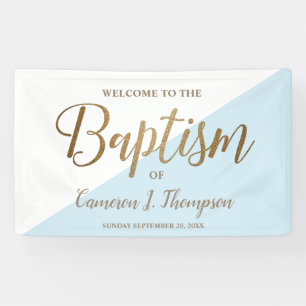 Simple Modern Blue Gold Calligraphy baby Baptism Banner