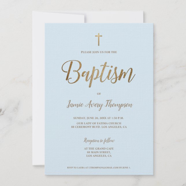 Simple Modern Blue Gold Cross Baptism Invitation (Front)