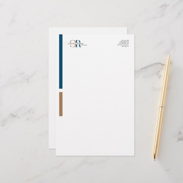 Simple Modern Blue Gold Monogram Stationery (Front/Back In Situ)