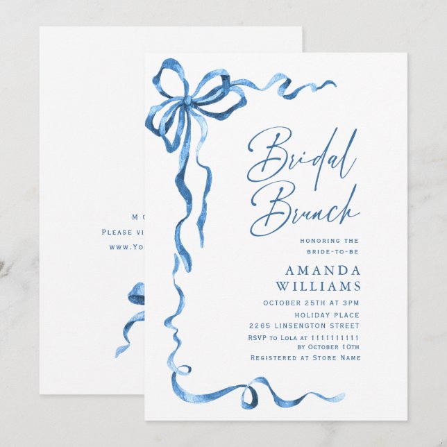Simple Modern Blue Hand Drawn Bow Bridal Brunch Invitation (Front/Back)
