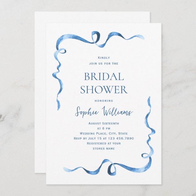 Simple Modern Blue Hand Drawn Bow Bridal Shower Invitation (Front/Back)