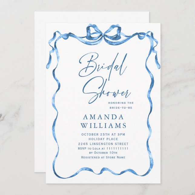 Simple Modern Blue Hand Drawn Bow Bridal Shower Invitation (Front/Back)